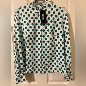 NWT Women’s Ruffle Trim Neck Green and White Polka Dot Blouse Size Medium